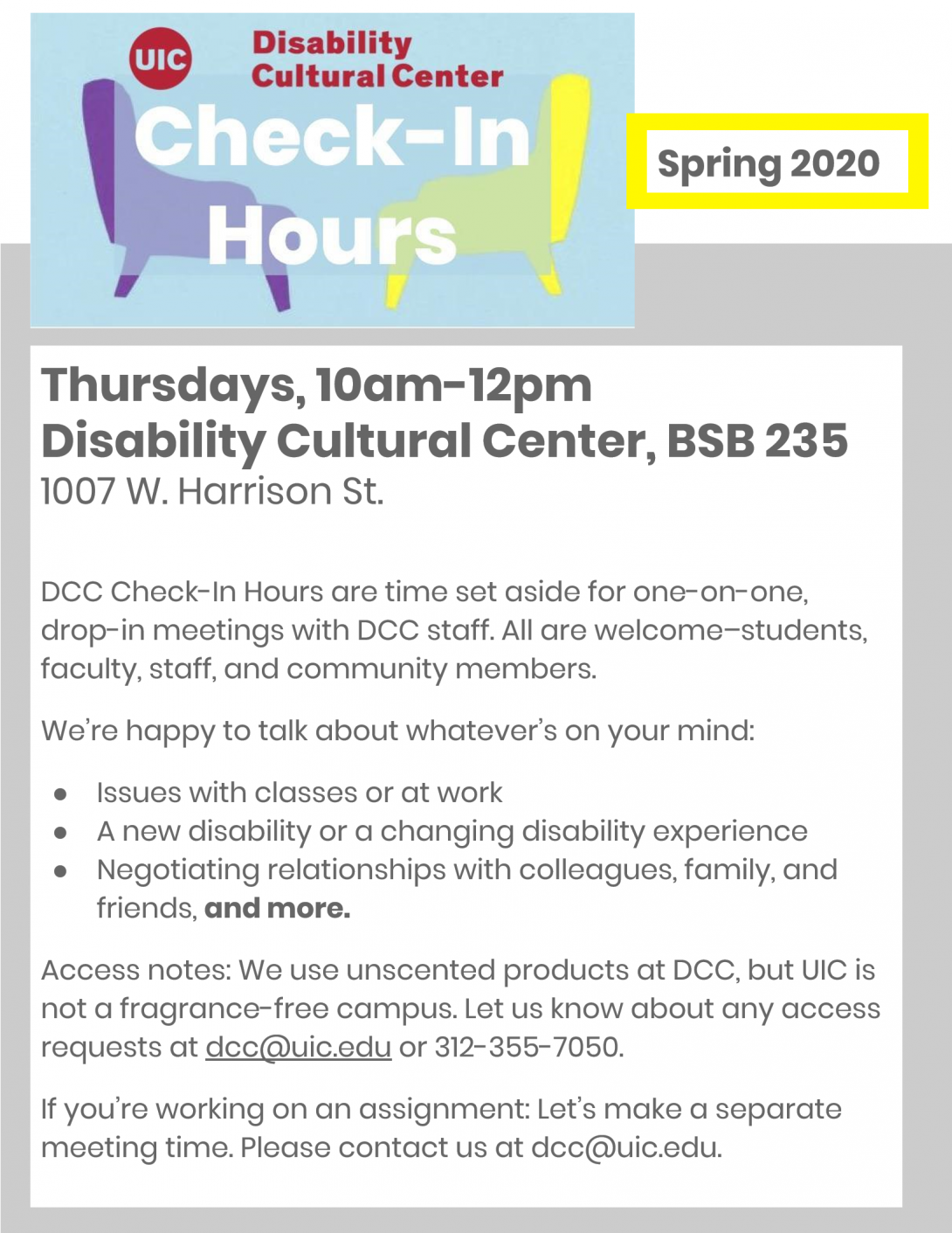 In the top left corner of the flyer, there is a logo for the DCC Check-In Hours, which is a light blue box with a purple and yellow chair facing each other, with the text, 