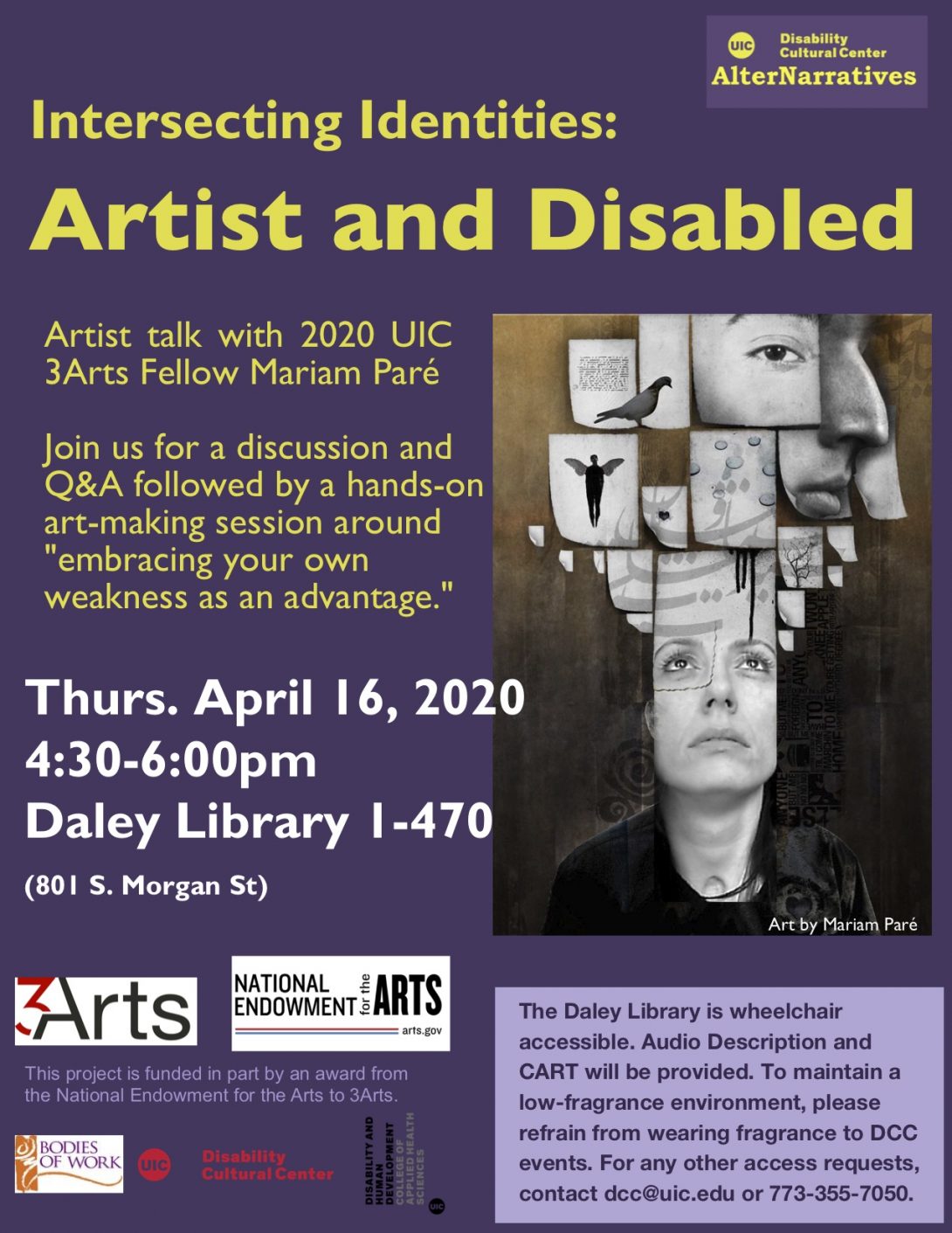 Intersecting Identities Flyer, purple with art by Paré, a self-portrait of the artist looking up at a cloud of images that are coming out of her head.