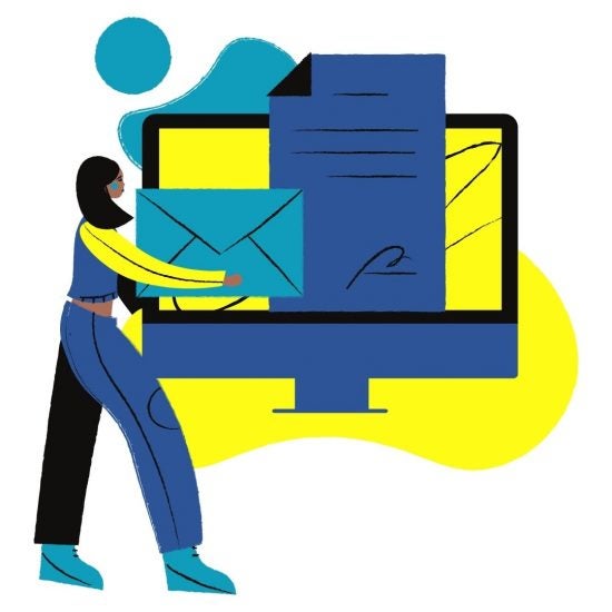 A blue cartoon woman carries a blue envelope to a larger than life computer.