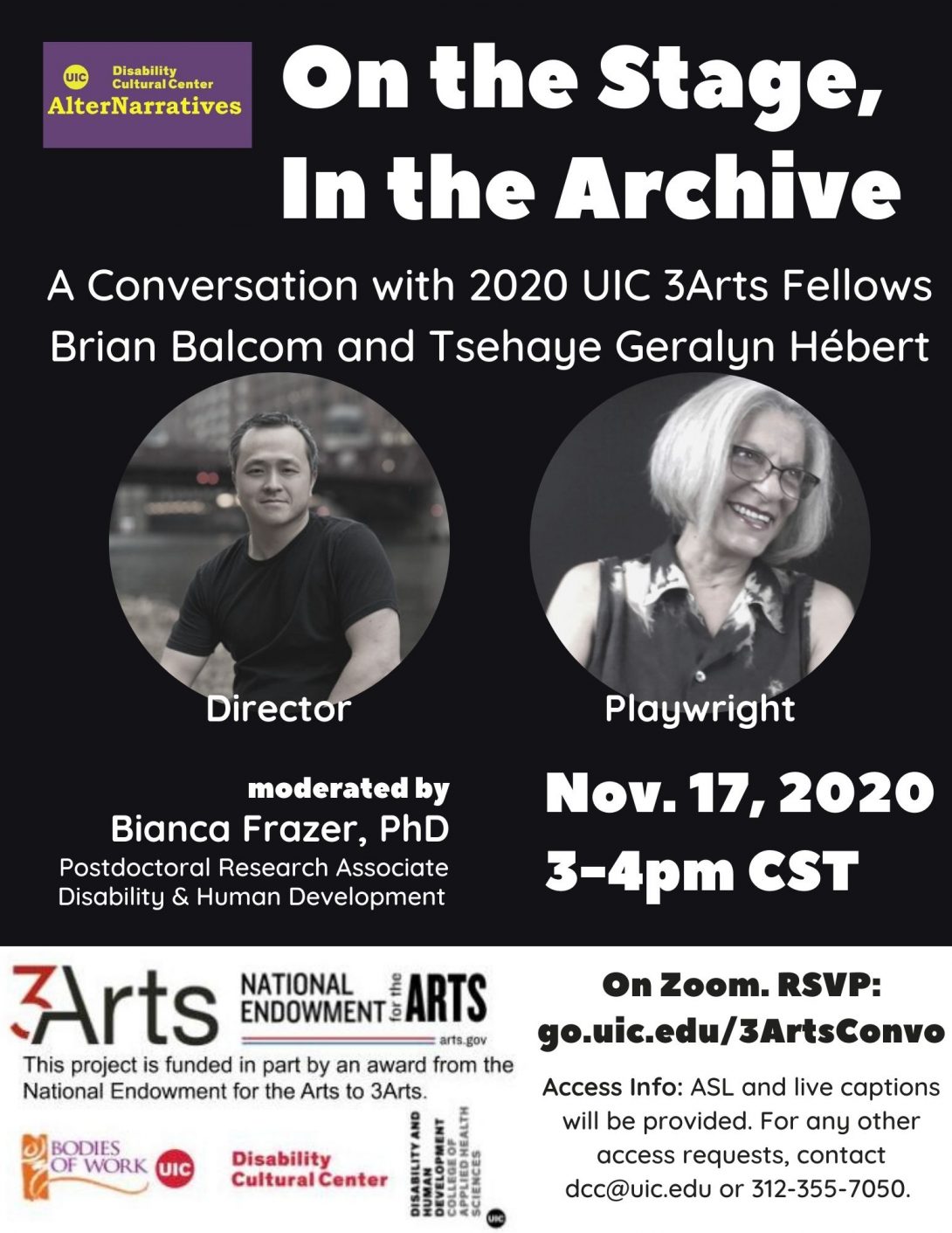Flyer for On the Stage, In the Archive Conversation with 2020 UIC 3Arts Fellows