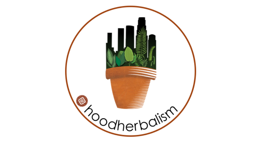 Hood Herbalism logo of a cityscape growing out of a terracotta pot