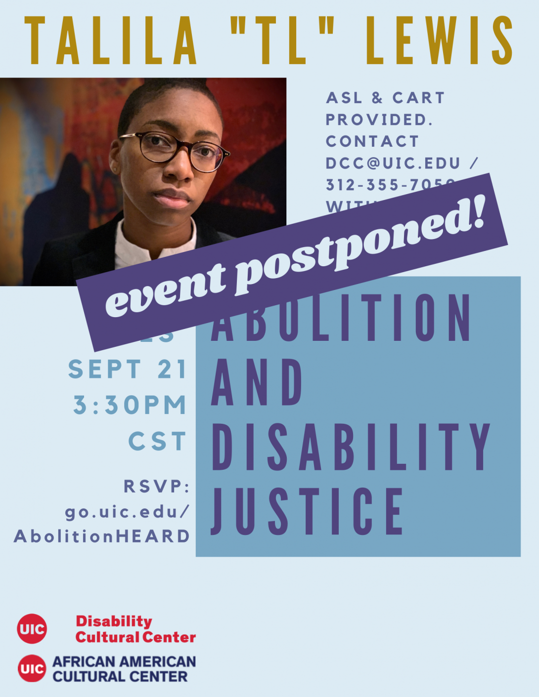 Abolition and Disability Justice flyer with postponed on it