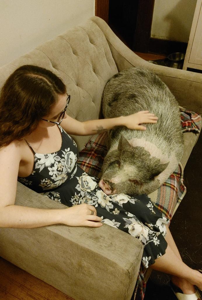 A white person with brown hair and glasses, wearing a navy blue dress with white flowers on it, sits on a couch with a pig snuggled into her lap.