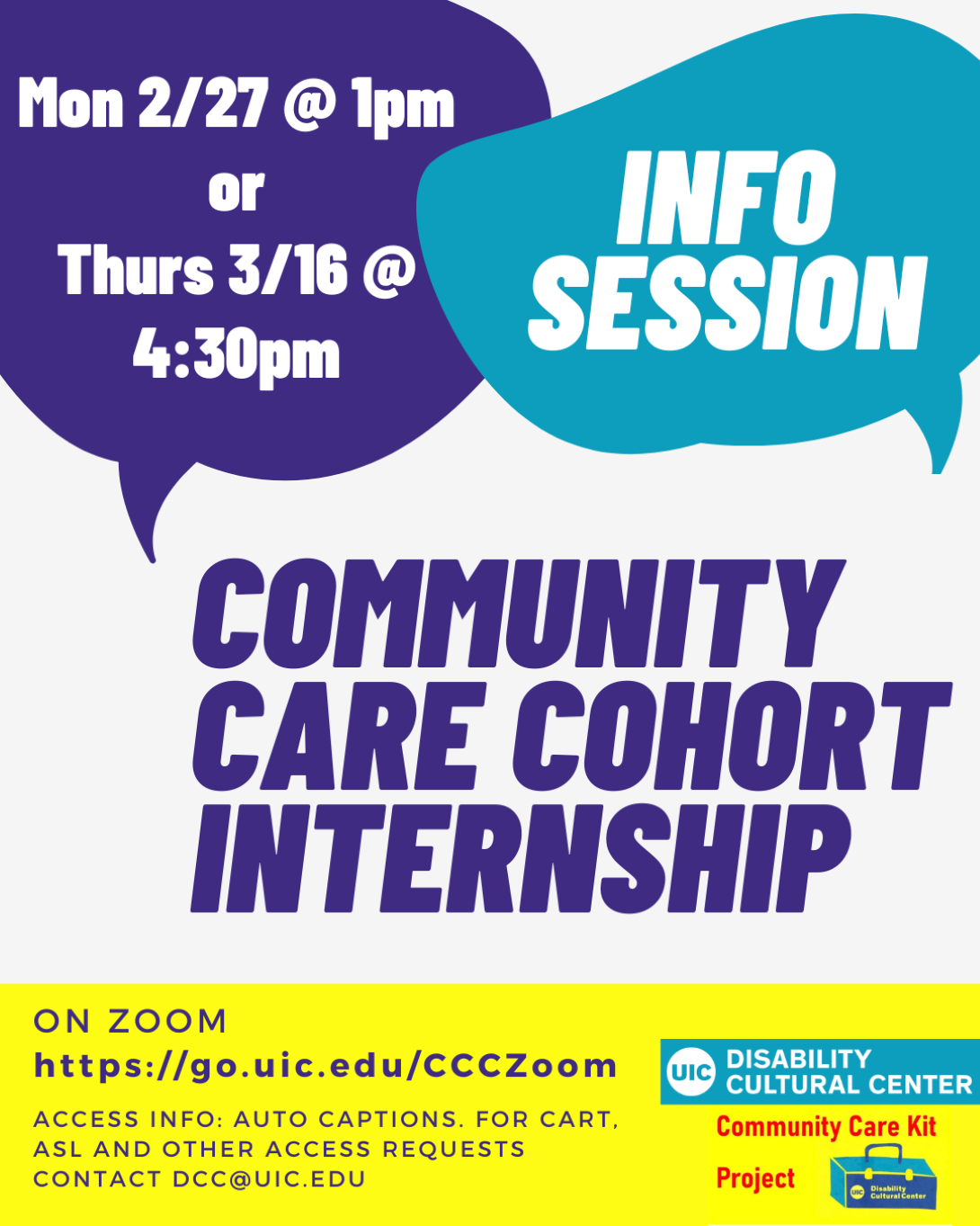 The event title and date are written in blue speech bubbles at the top of the image. A yellow banner across the bottom contains Zoom link and access info. The Community Care Kit Project logo is at the bottom right.