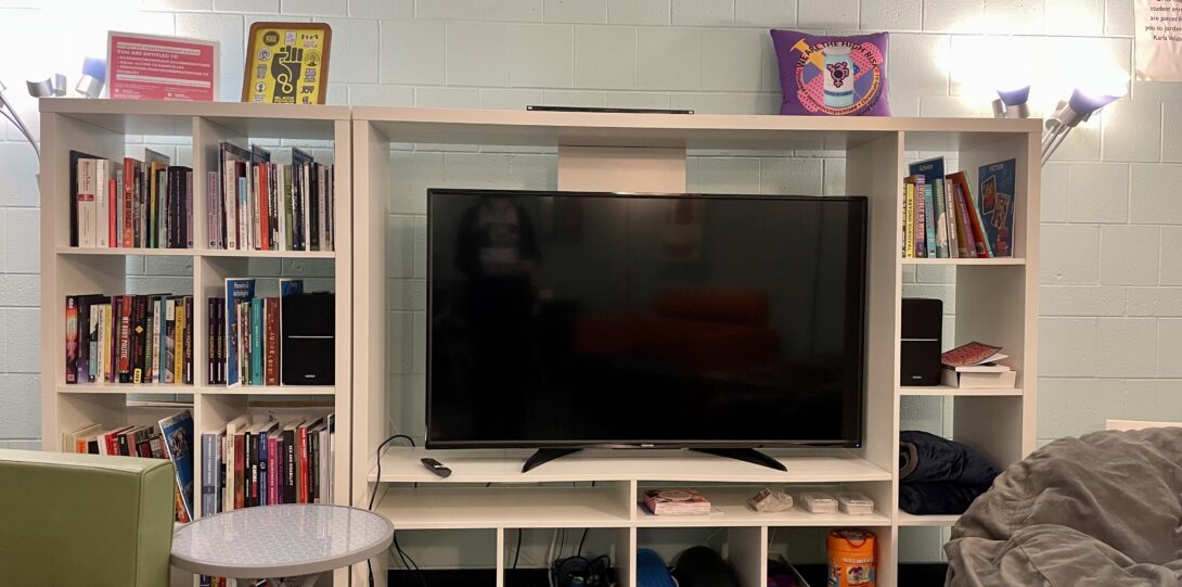A bookshelf with our library, some accessible games, and access tech.