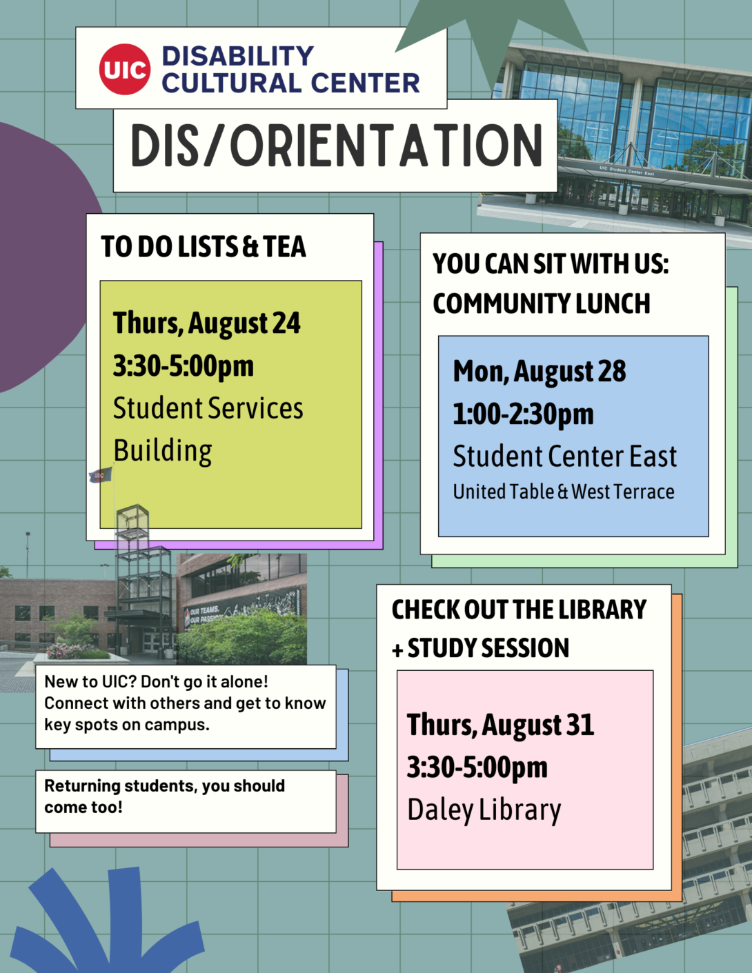 Dis/Orientation poster with boxes for each of the three events and tilted pictures of Student Center East, Student Services Building, and Daley Library.