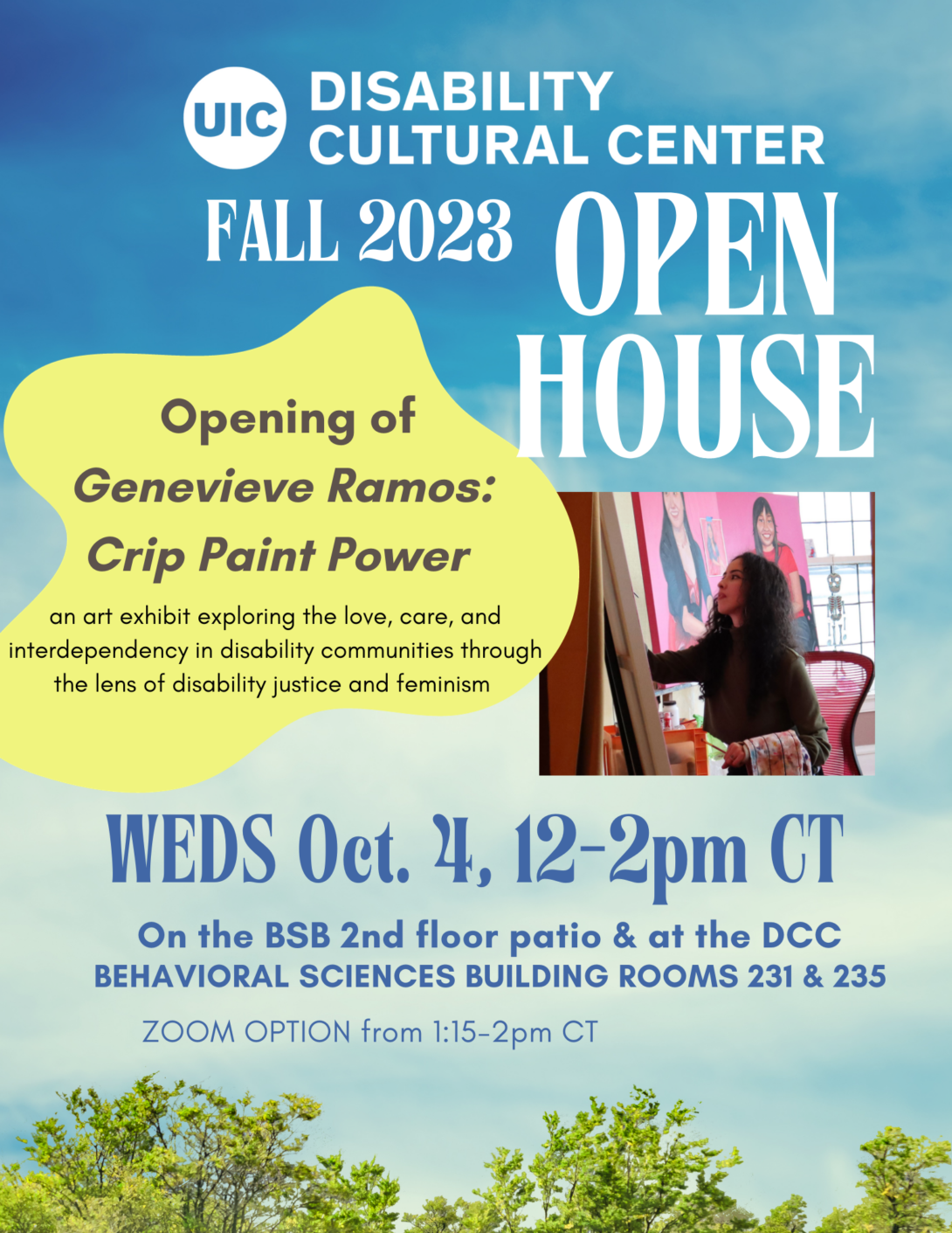 Fall Open House flyer with blue sky and treetops. There is a photo of Ramos painting in her studio with two portraits in the background.