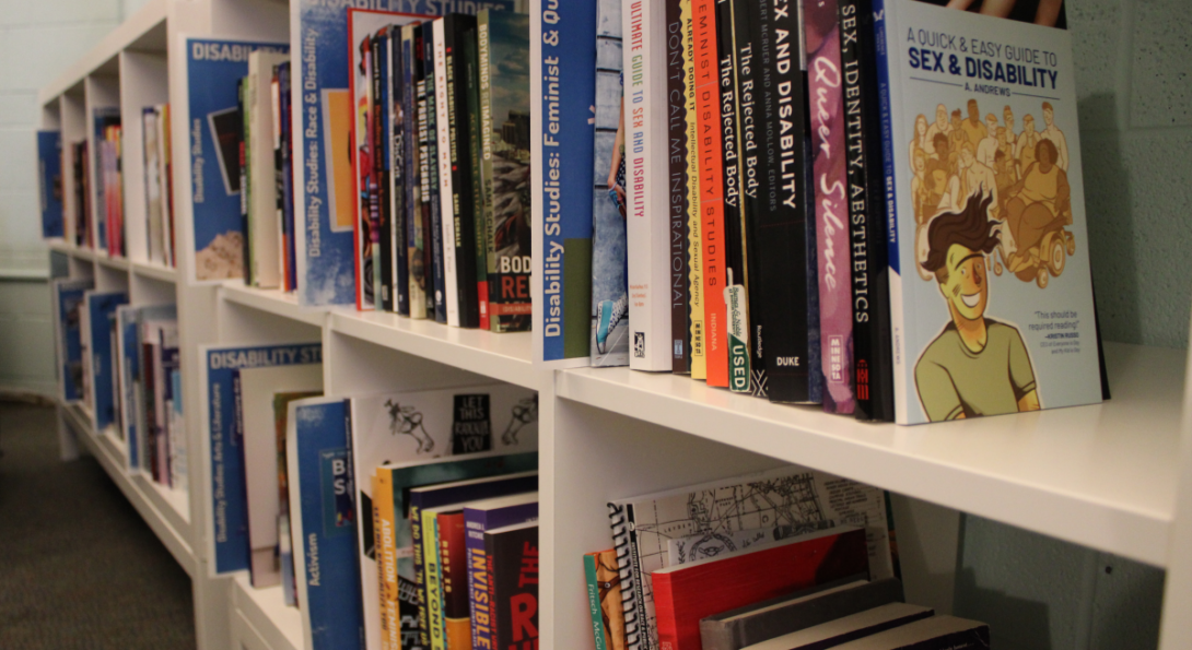 A light blue background with white square shelves filled with brightly colored books.