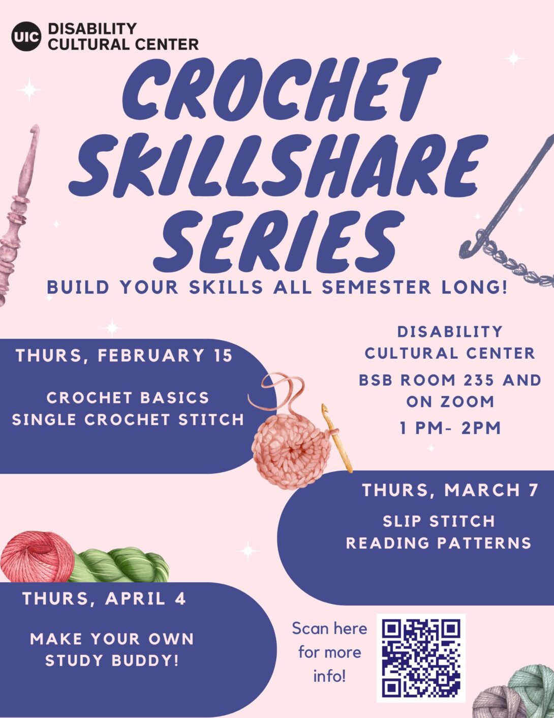 Crochet Skillshare Series flyer, pink with purple text and bubbles for each event. Drawings of yarn and crochet hooks decorate the flyer.
