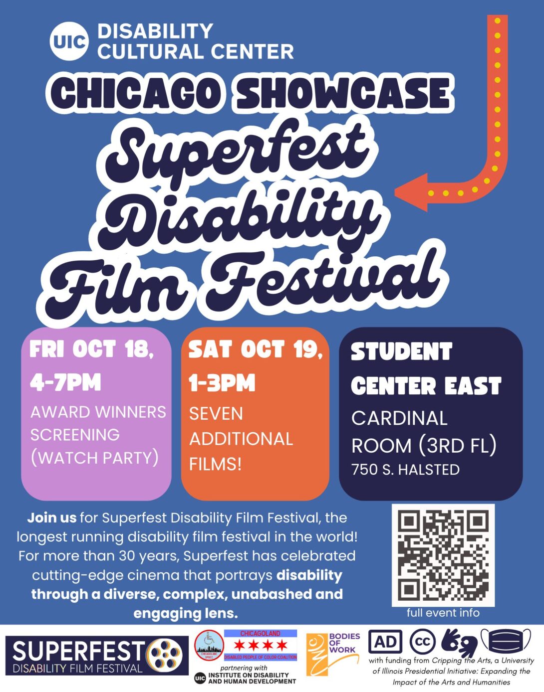 Superfest Disability Film Festival flyer Chicago Showcase with arrow marquee