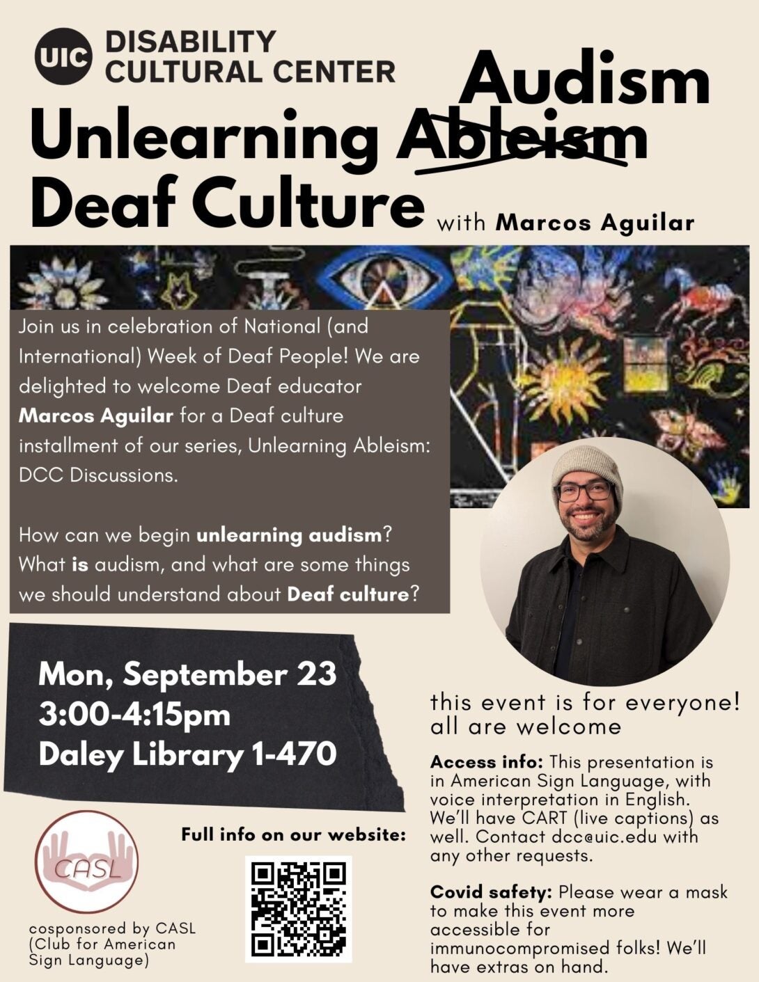 Unlearning Audism flyer with a photo of Marcos Aguilar and a De'Via mural