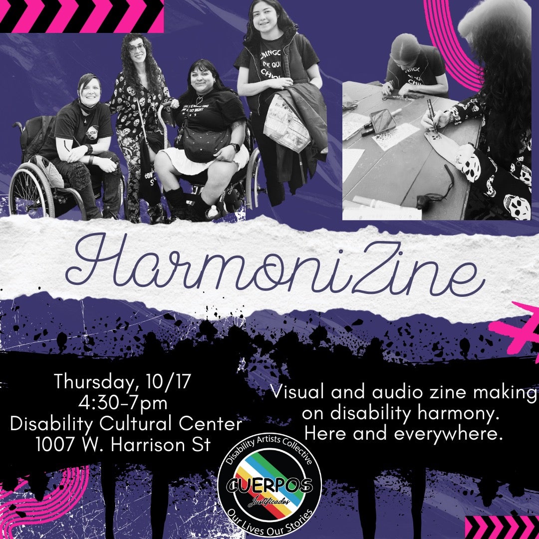 HarmoniZine graphic with people in community making art