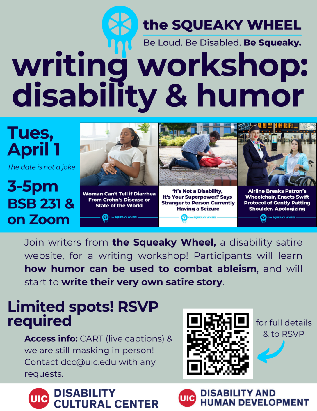 Writing Workshop: Disability & Humor with Squeaky Wheel headlines (transcribed in event details)